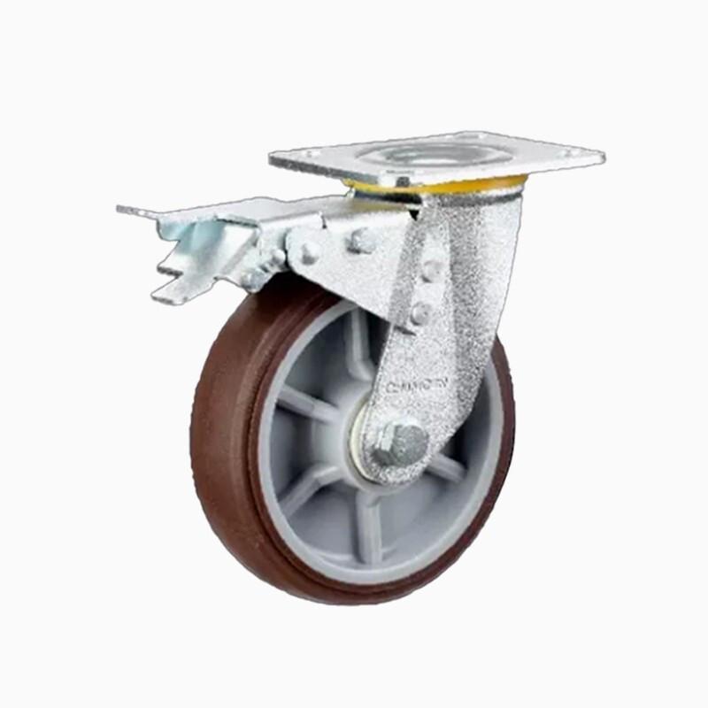 K3-6 Inch Flat Bottom Hardware Double Brake Double Axle Coffee Color Artificial Rubber Wheel 4 Medium And Heavy Universal Wheels / Set