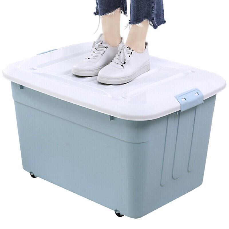 Storage Box 80l Large Quilt Clothes Storage Box Dormitory Artifact Floor Stand Toy Box Plastic Storage Box Pulley Covered Finishing Box Blue