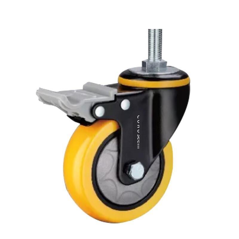 B4-2.5 Inch Lead Screw Plastic Double Brake Orange Yellow Polyurethane (PU) Caster Medium Single Ball Bearing Universal Wheel 4 Sets / Set