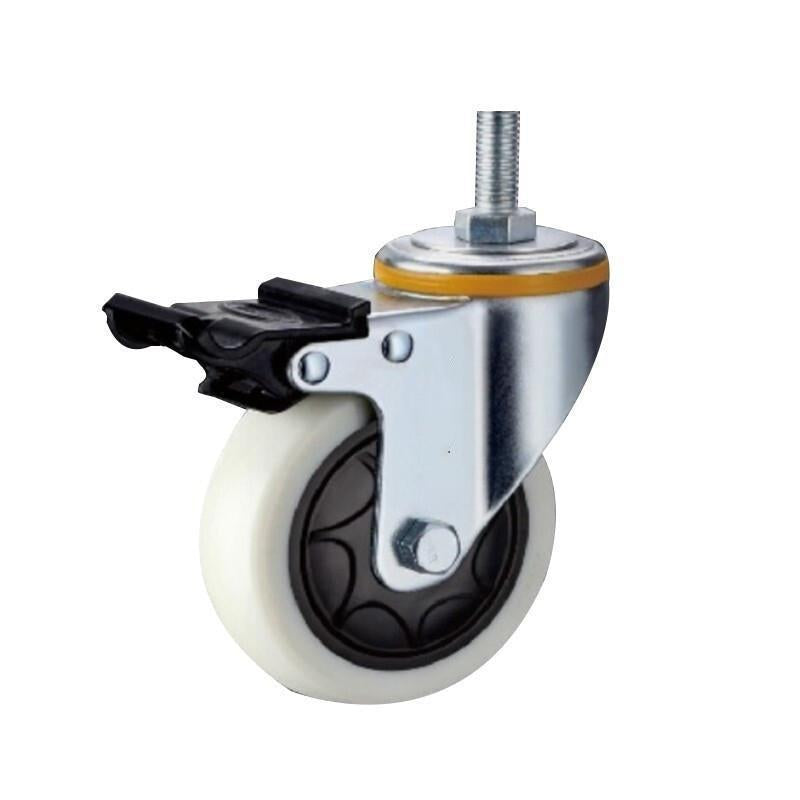 4 Sets 3 Inch Lead Screw Plastic Caster Double Brake Milky White Polypropylene (PP) Caster Medium Single Ball Bearing Universal Wheel
